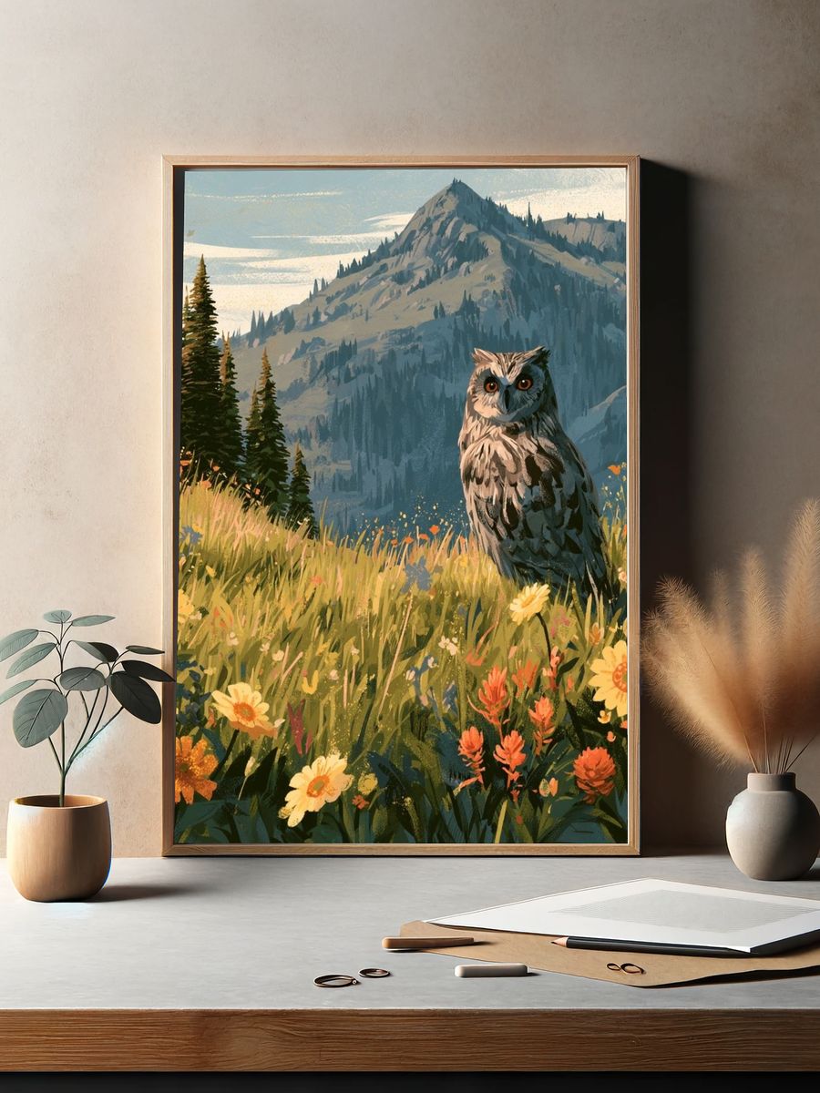 Owl Meadow Mountain Illustration Poster. — room view 2
