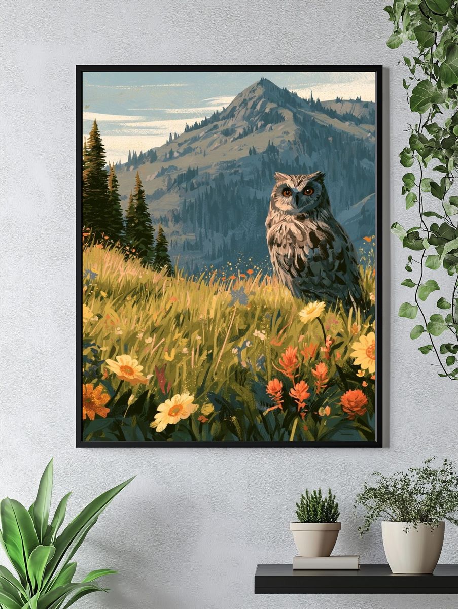 Owl Meadow Mountain Illustration Poster. — room view 4