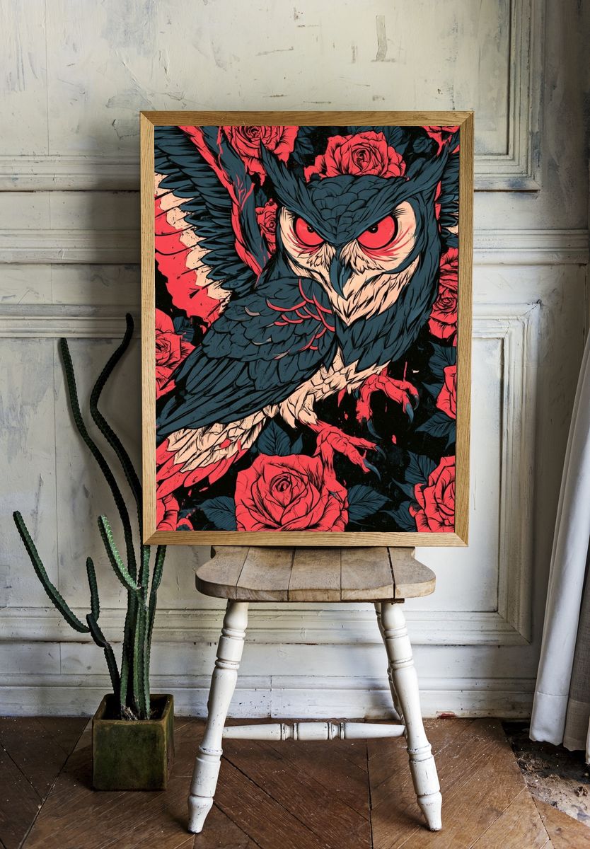 Owl and Roses Illustration Poster. room preview