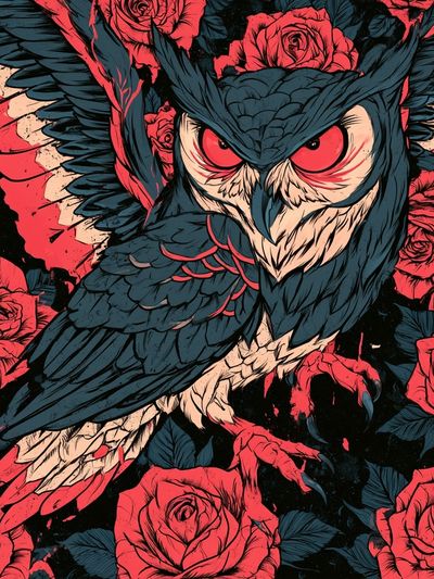Owl and Roses Illustration Poster. poster