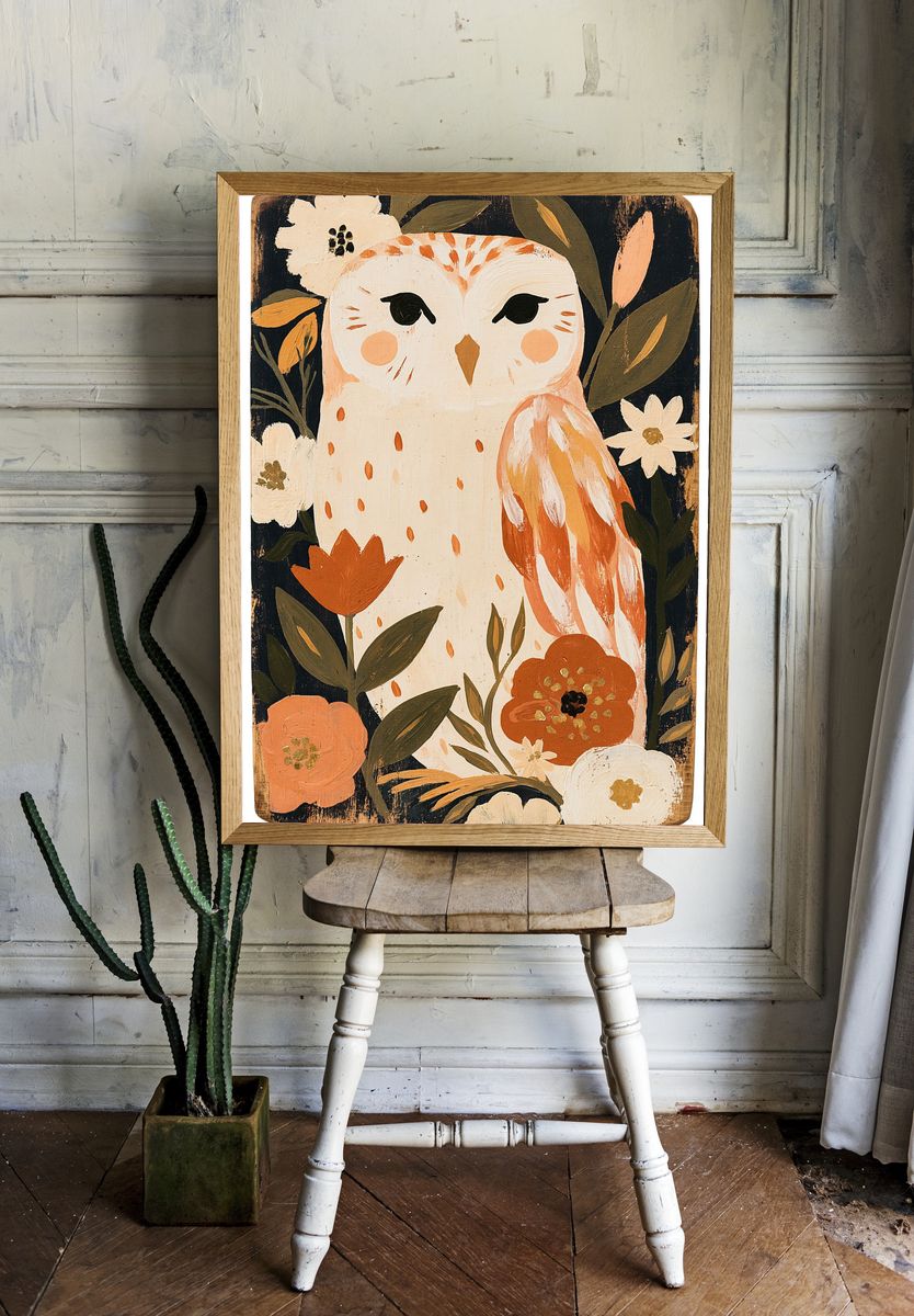 Floral Owl Illustration Poster. — room view 1