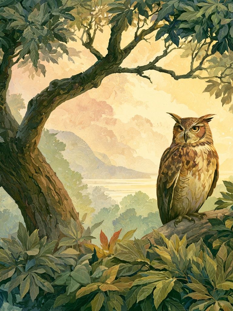 Owl in Forest Canopy Illustration Poster. poster detail