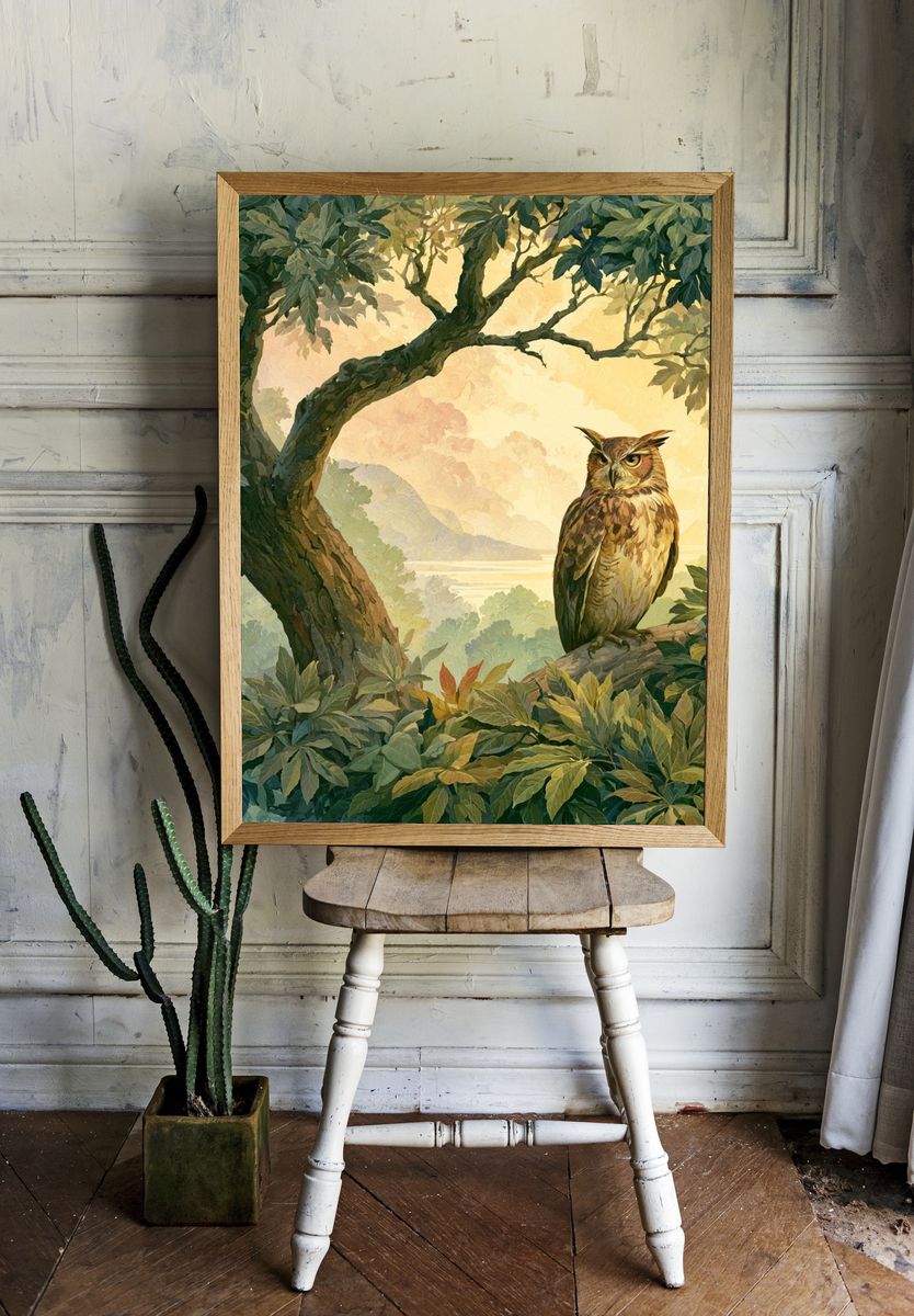Owl in Forest Canopy Illustration Poster. — room view 1