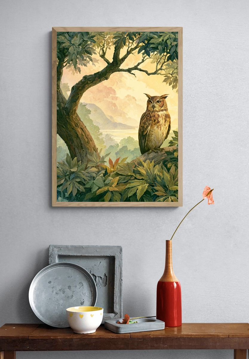Owl in Forest Canopy Illustration Poster. — room view 3