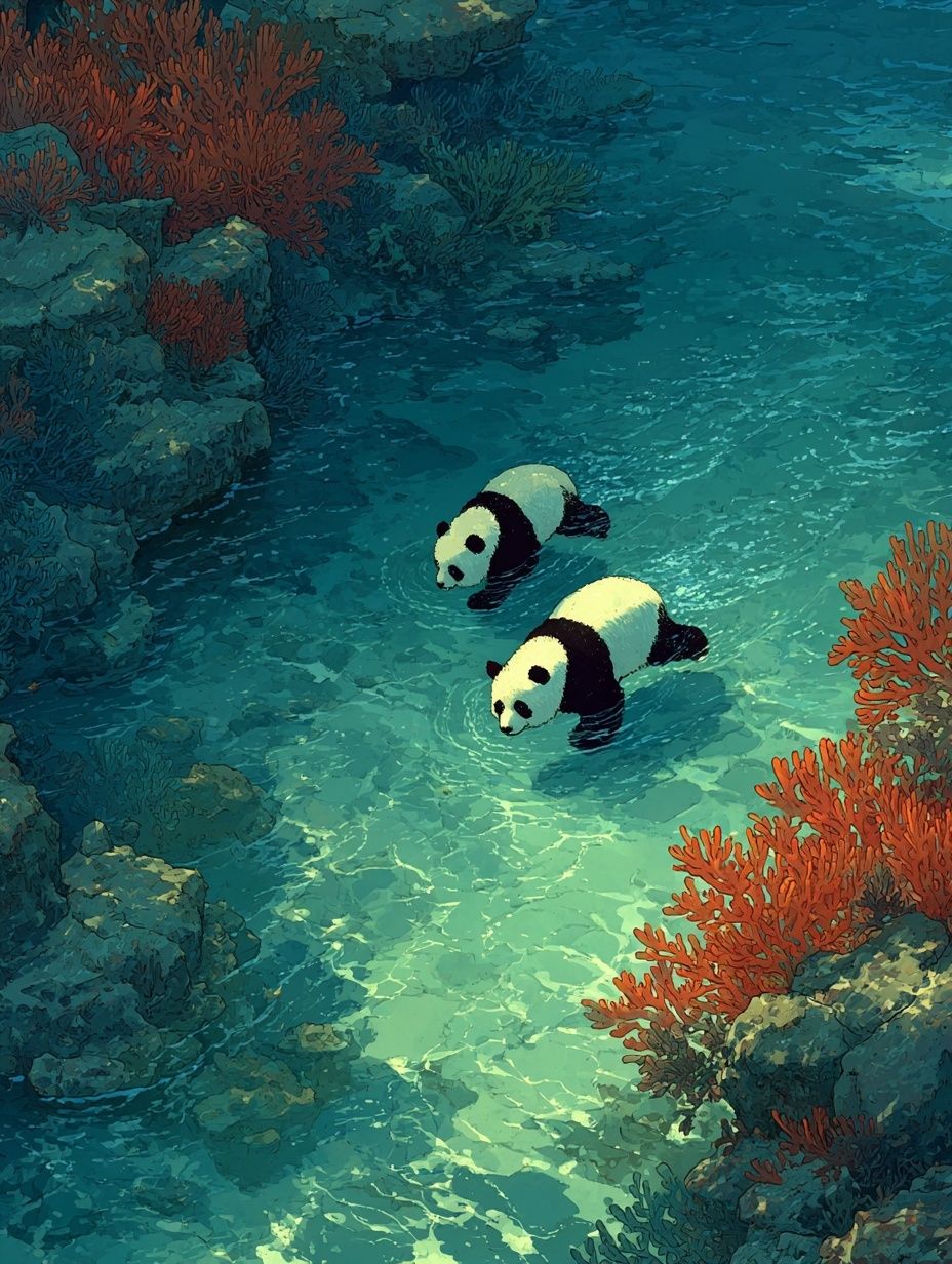 Pandas in Coral Reef Illustration Poster. poster — animals art