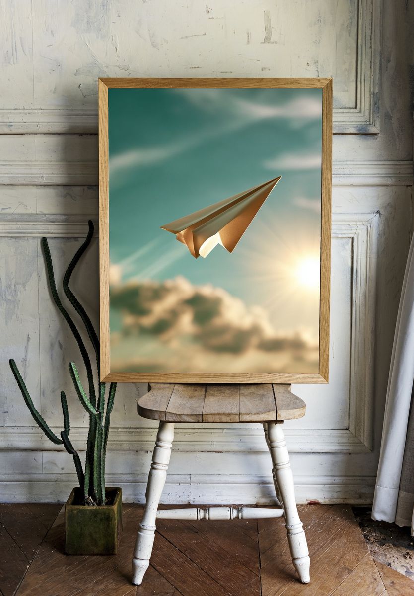 Paper Airplane Sky Illustration Poster. — room view 1