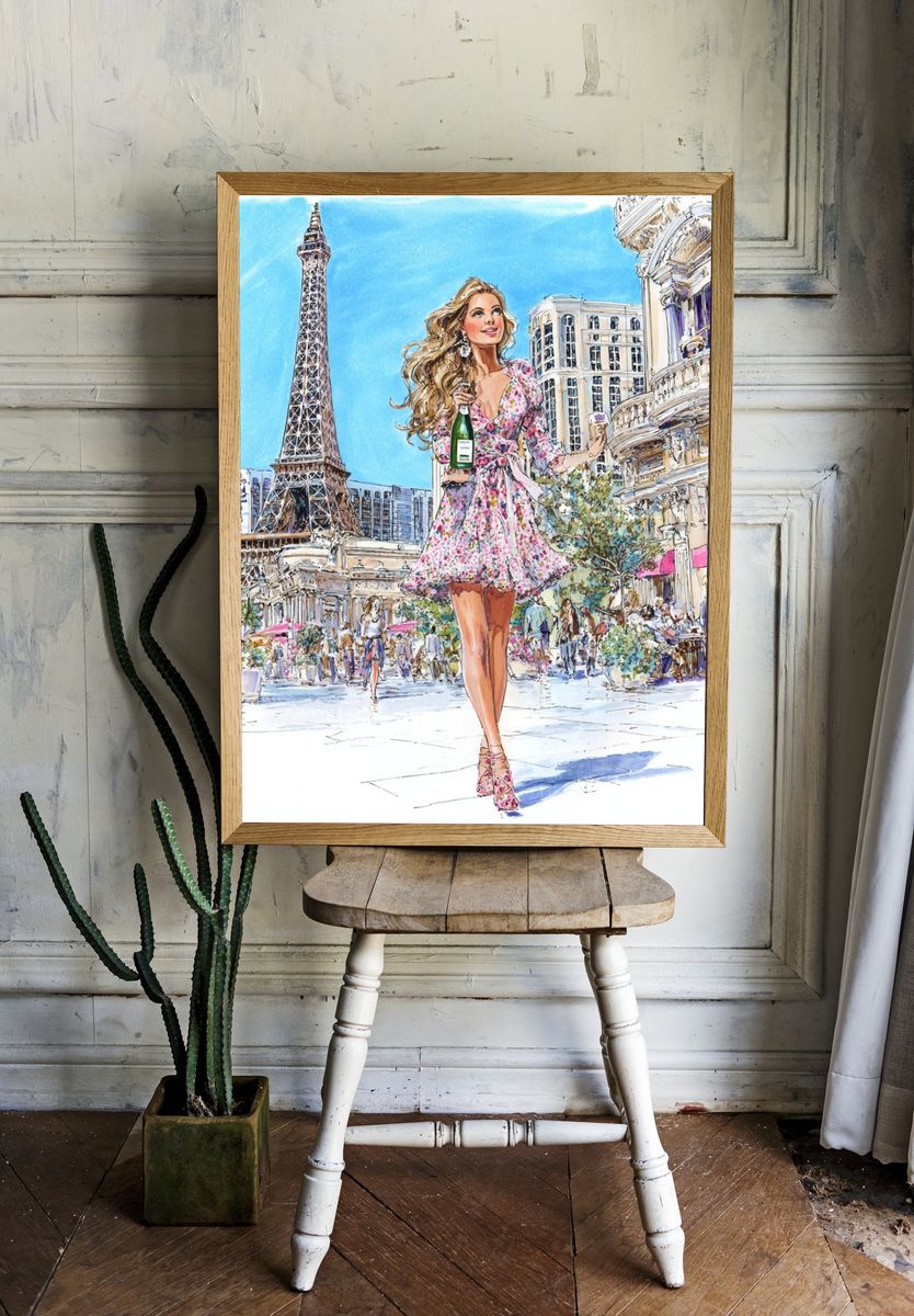Parisian Woman with Champagne — Illustration Print room preview