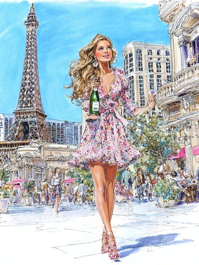Parisian Woman with Champagne — Illustration Print. poster
