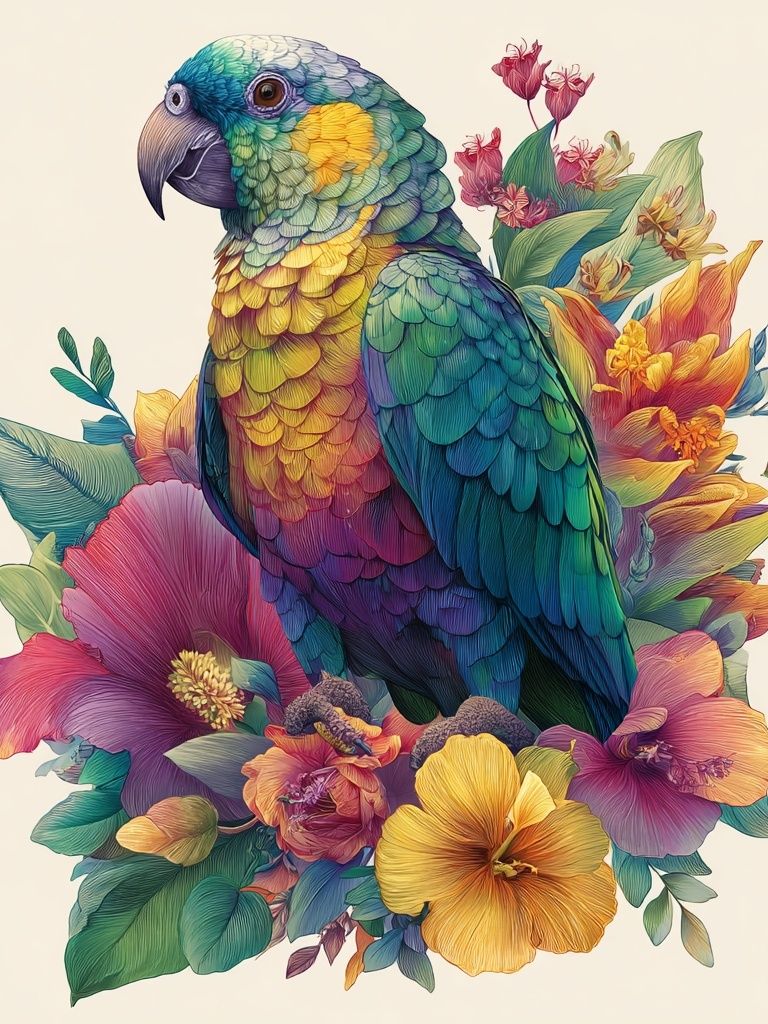 Rainbow Parrot Floral Illustration Poster. poster — illustration art