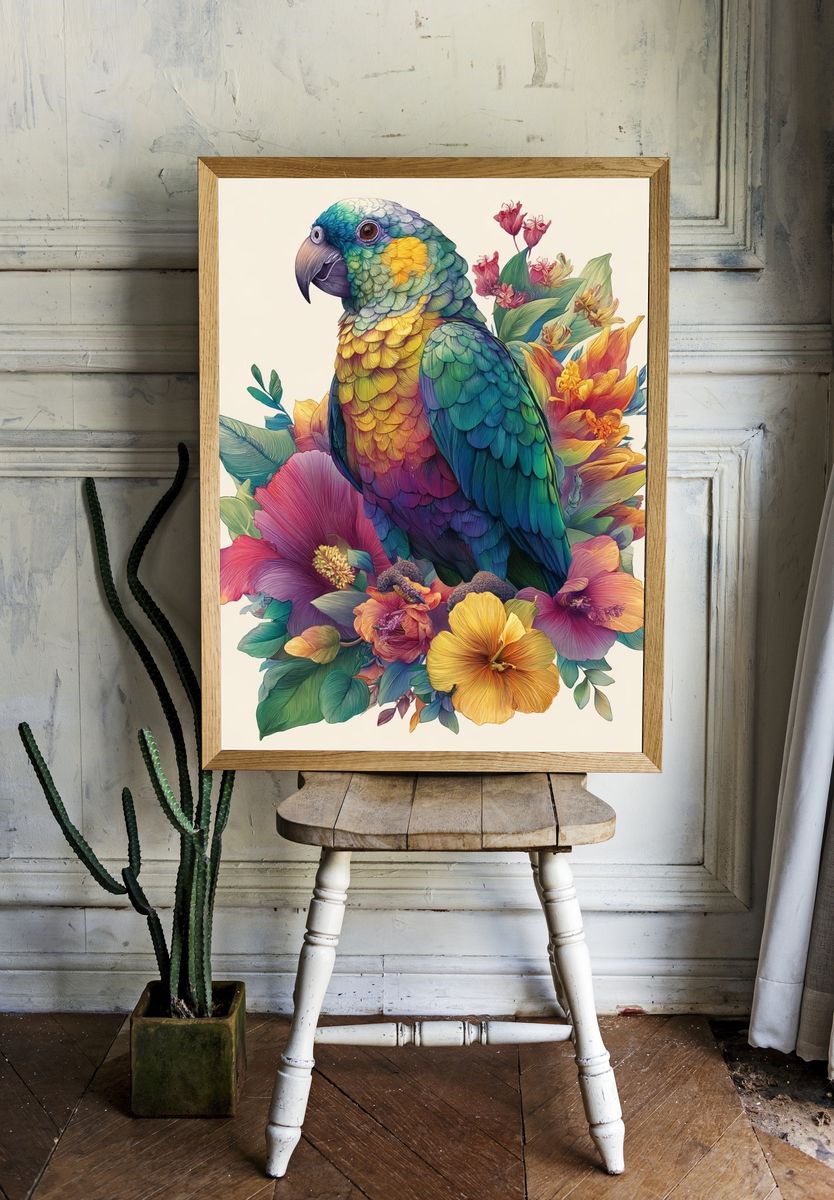 Rainbow Parrot Floral Illustration Poster room preview
