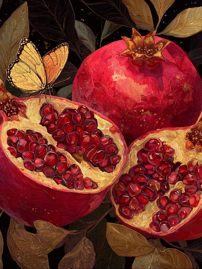 Pomegranate and Butterfly — Botanical Print. poster — botanical art