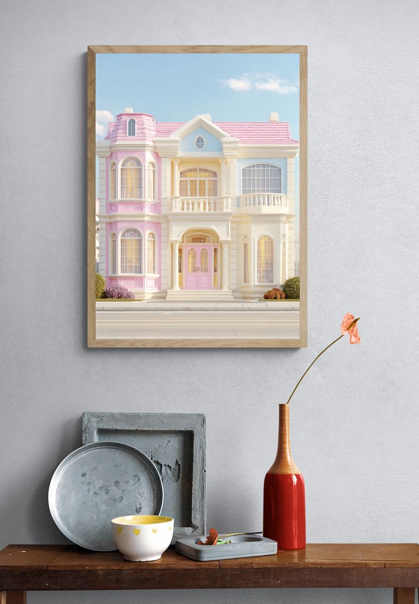 Charming Pink and Blue House Poster. — room view 3