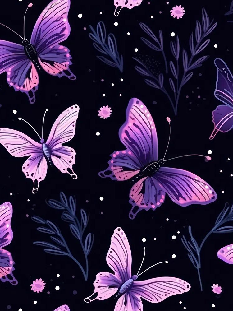 Purple Butterflies Night Garden Illustration Poster. poster detail
