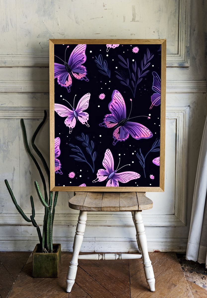 Purple Butterflies Night Garden Illustration Poster room preview