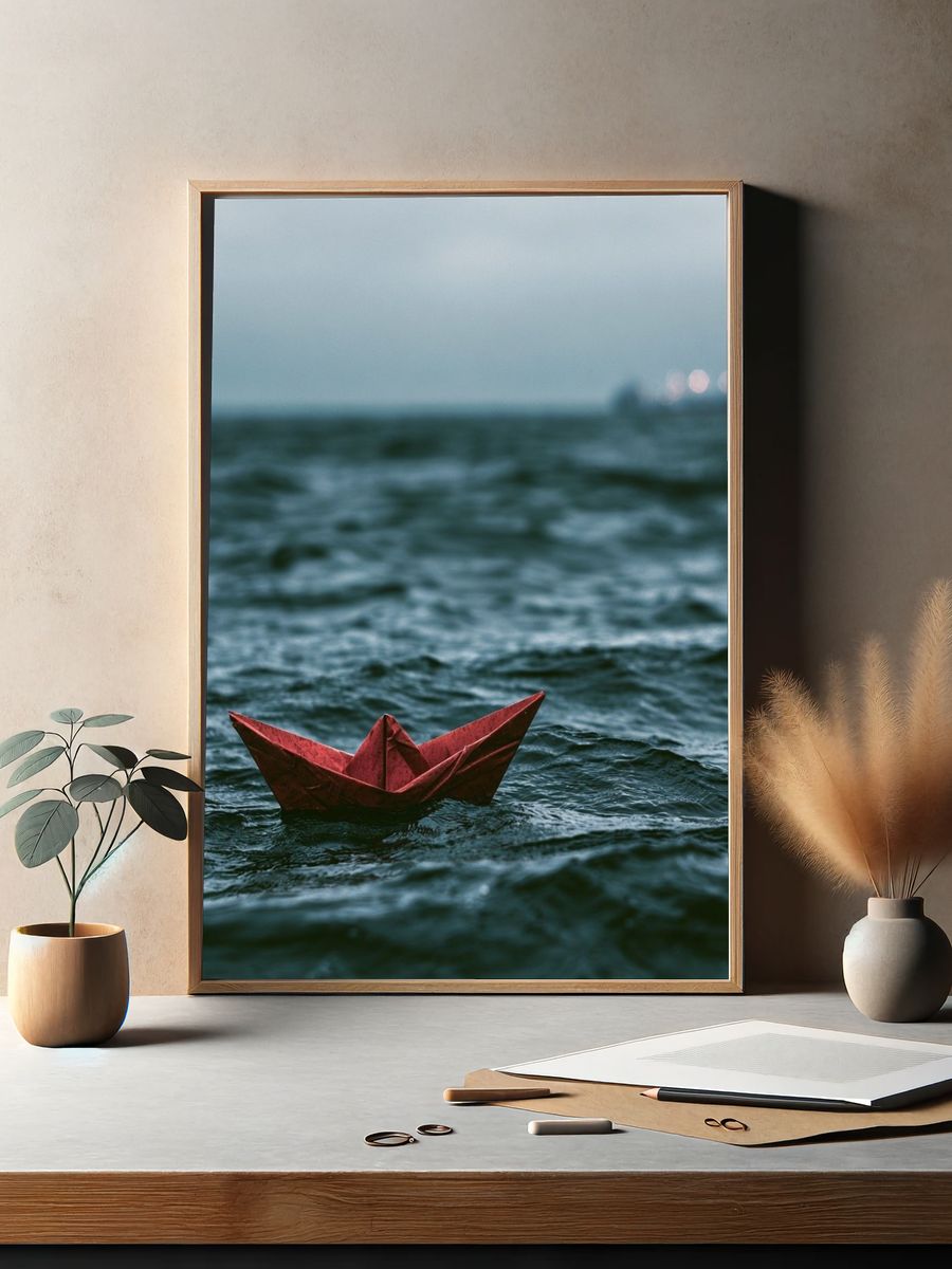 Red Paper Boat at Sea Photography Poster. — room view 2