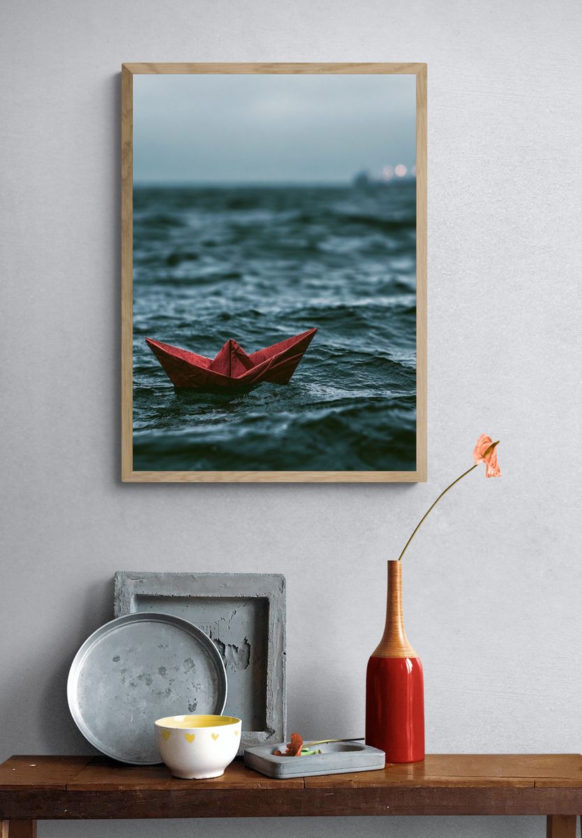 Red Paper Boat at Sea Photography Poster. — room view 3