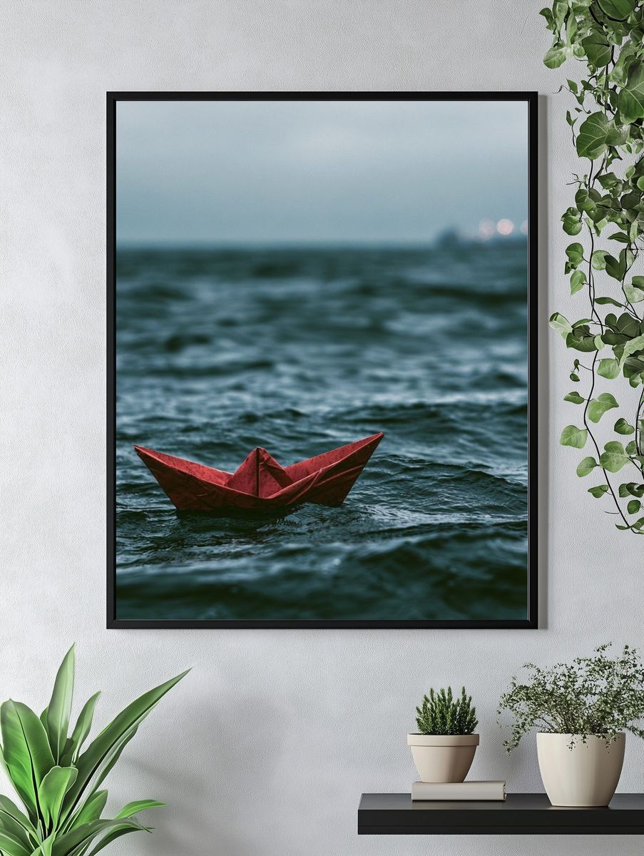 Red Paper Boat at Sea Photography Poster. — room view 4