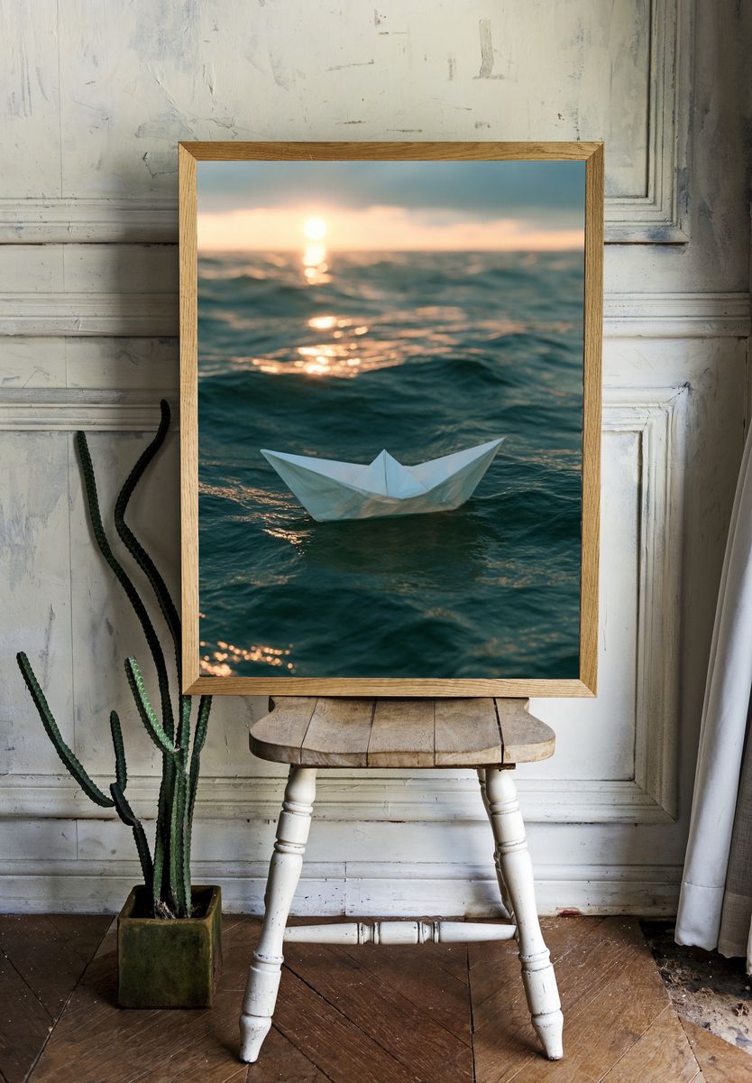 Paper Boat at Sea Photography Poster. — room view 1
