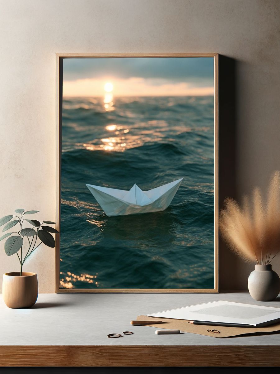 Paper Boat at Sea Photography Poster. — room view 2