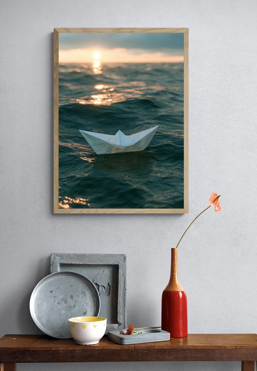 Paper Boat at Sea Photography Poster. — room view 3
