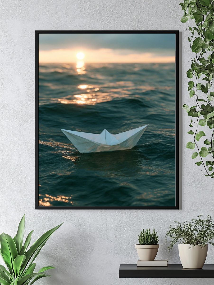 Paper Boat at Sea Photography Poster. — room view 4