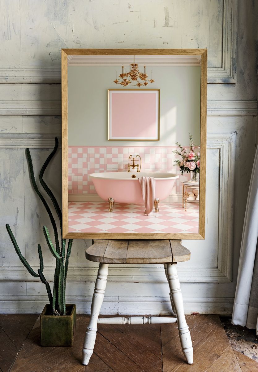 Pastel Pink Bathroom Interior Photography Poster. — room view 1