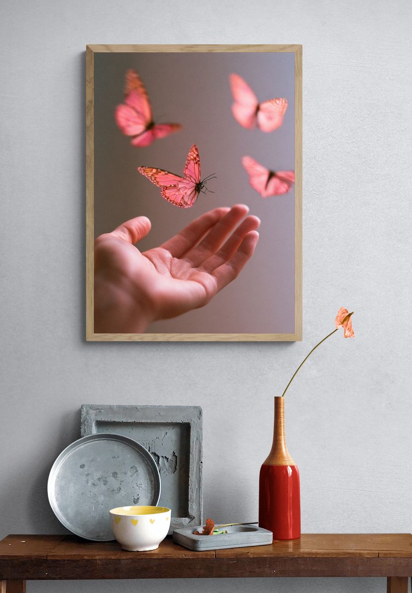 Pink Butterflies Photography Poster. — room view 3