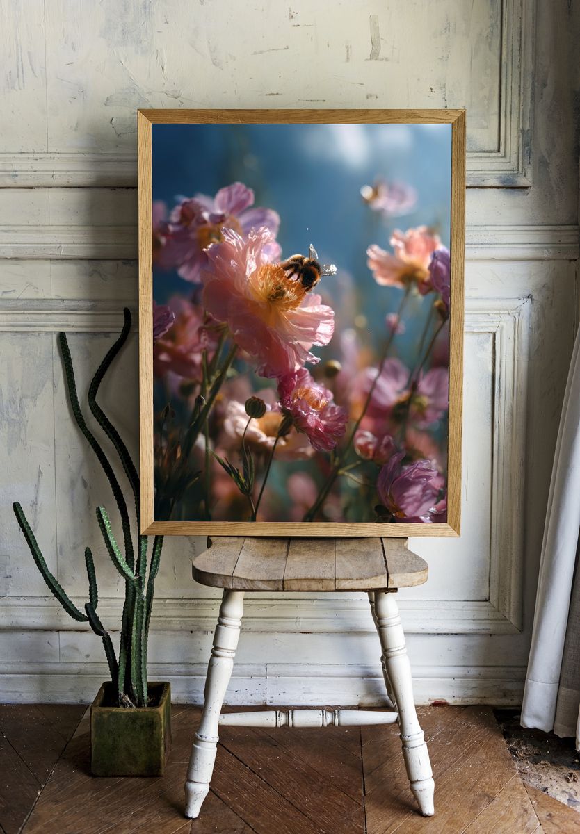 Bee on Pink Blossoms Photography Poster. — room view 1