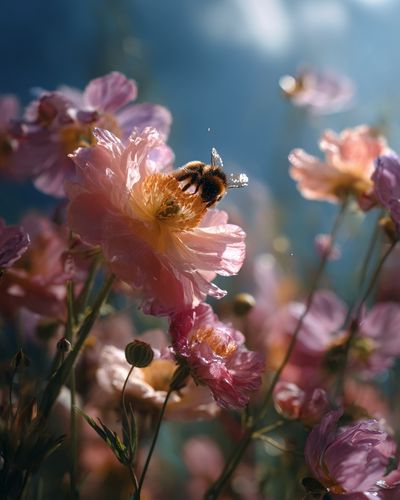 Bee on Pink Blossoms Photography Poster. poster print