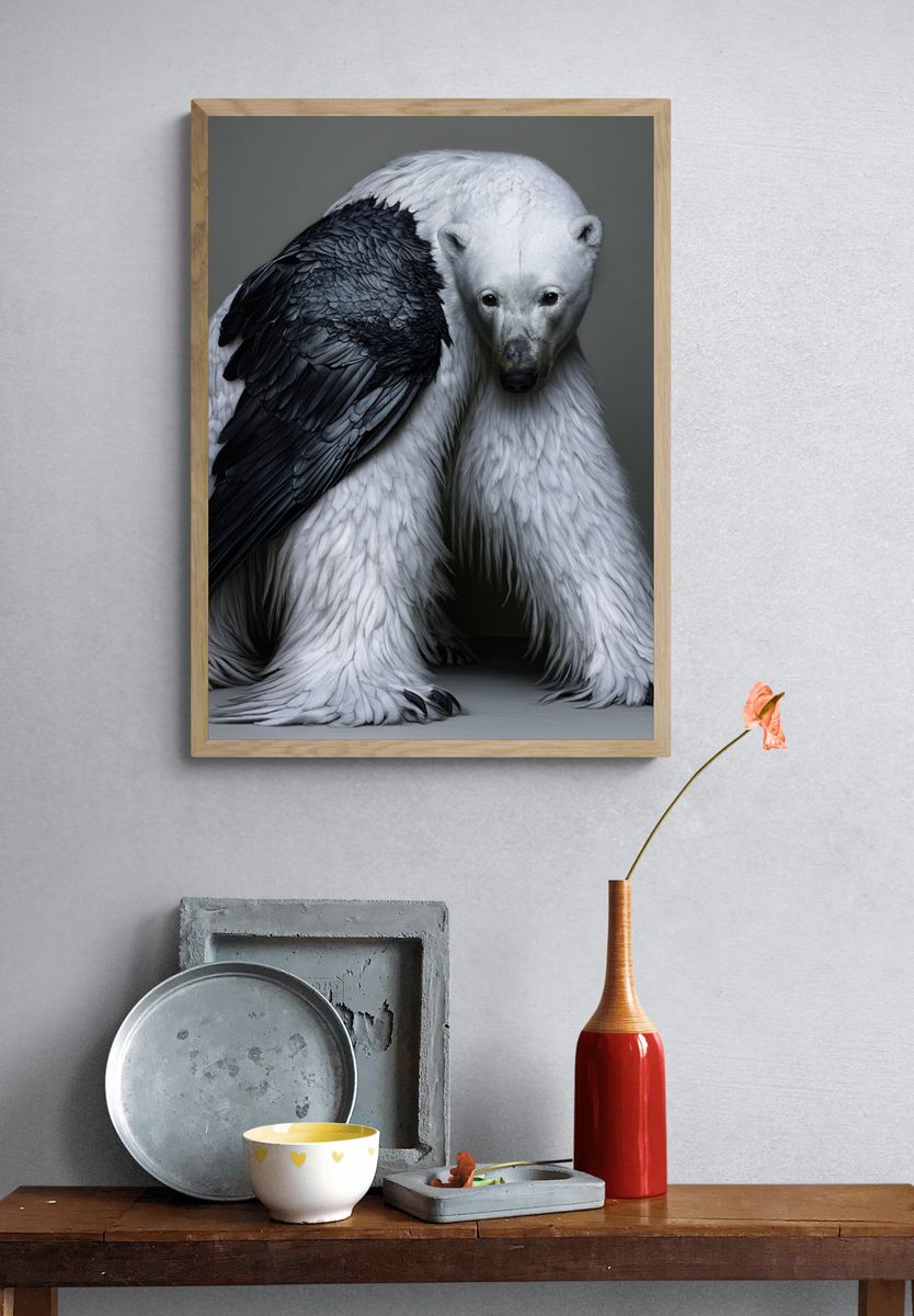 Polar Bear with Raven Photography Poster. — room view 3