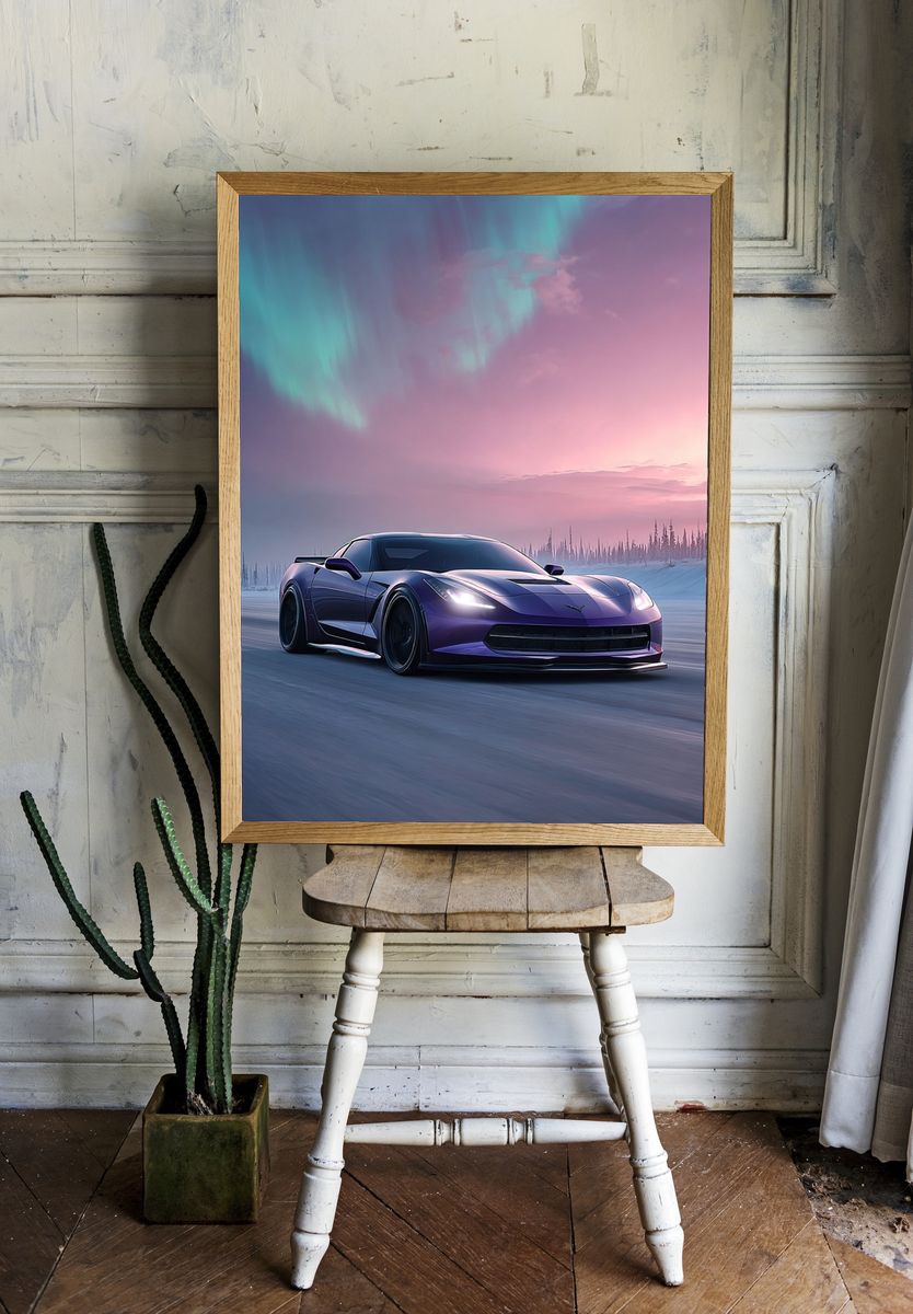 Purple Sports Car Aurora Poster. — room view 1