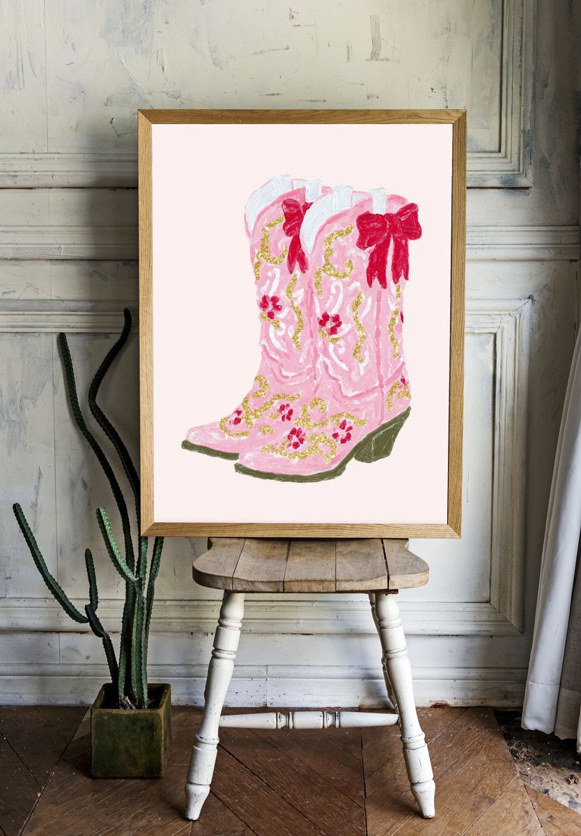 Pink Cowboy Boots — Illustration Print. room preview
