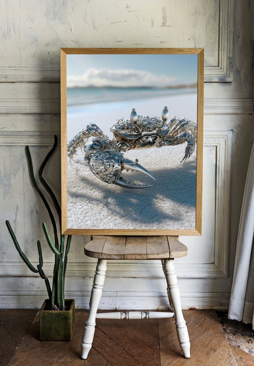 Silver Crab on Beach Photography Poster. — room view 1