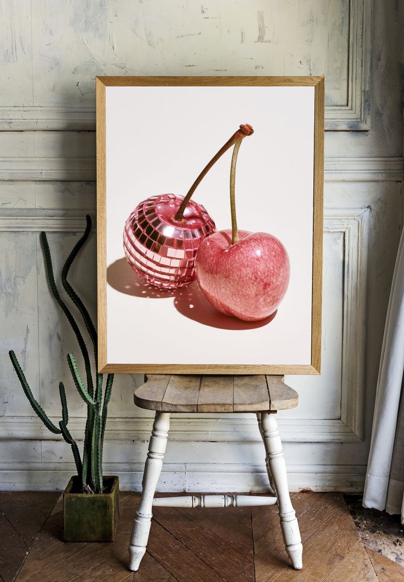 Pink Cherry Still Life Photography Poster. — room view 1