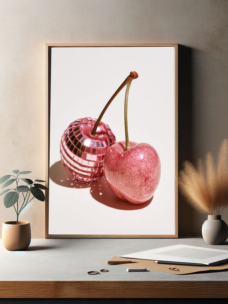 Pink Cherry Still Life Photography Poster. — room view 2