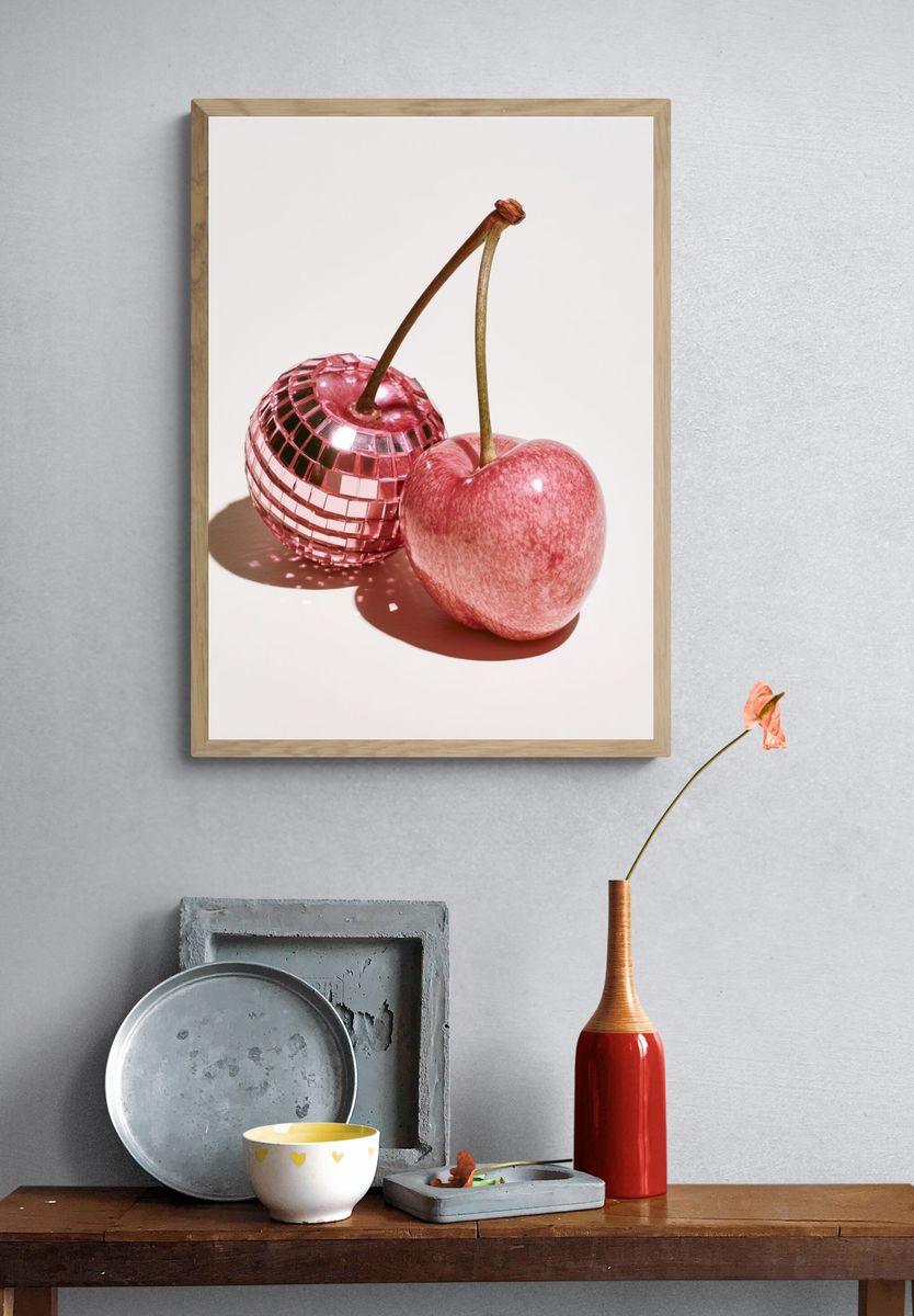 Pink Cherry Still Life Photography Poster. — room view 3