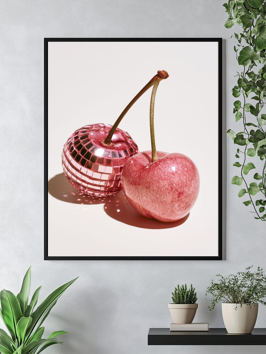 Pink Cherry Still Life Photography Poster. — room view 4