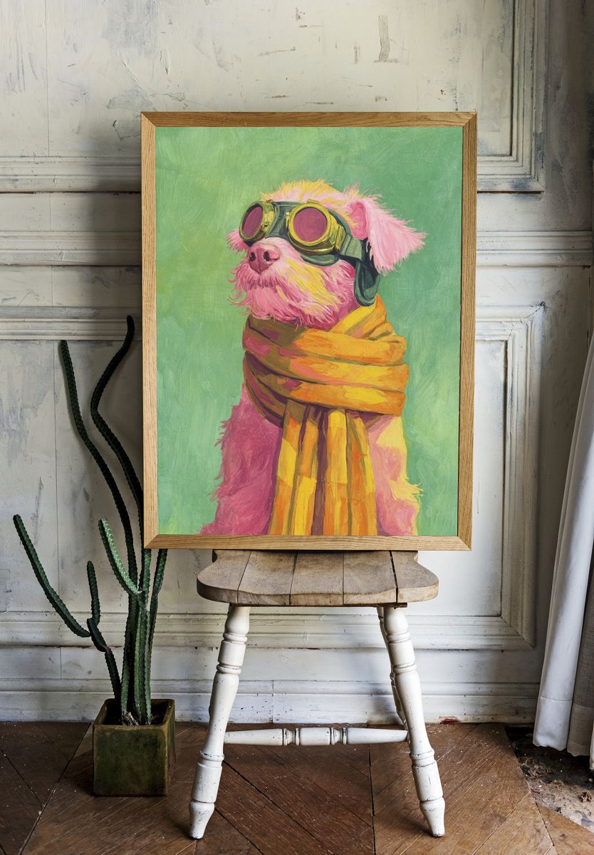 Stylish Pink Dog with Goggles — Illustration Print. — room view 1