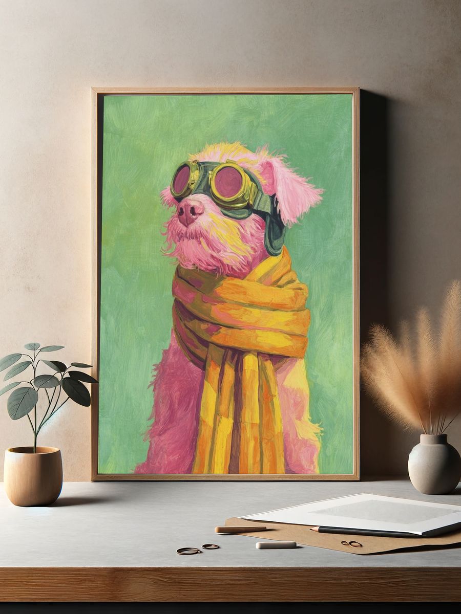 Stylish Pink Dog with Goggles — Illustration Print. — room view 2