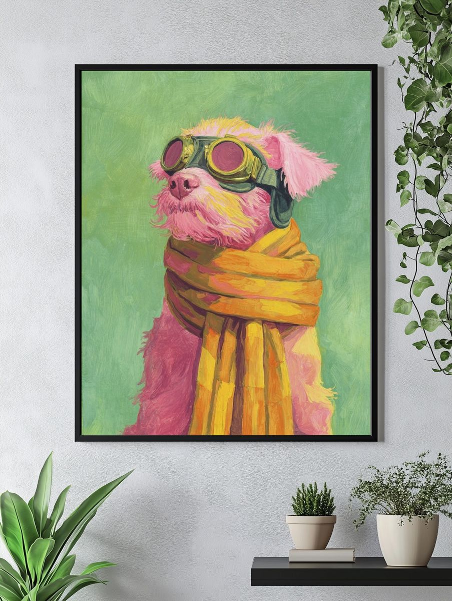 Stylish Pink Dog with Goggles — Illustration Print. — room view 4