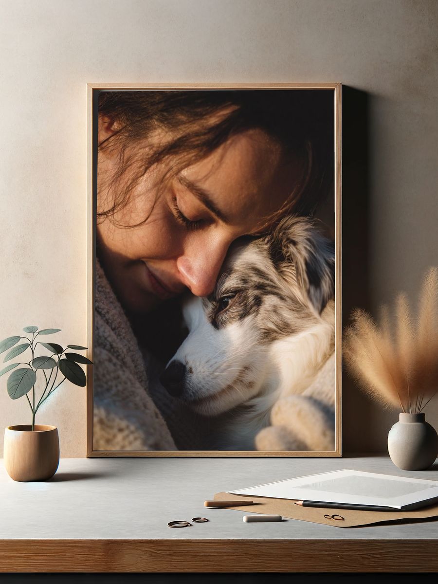 Woman Embracing Dog — Photography Print. — room view 2
