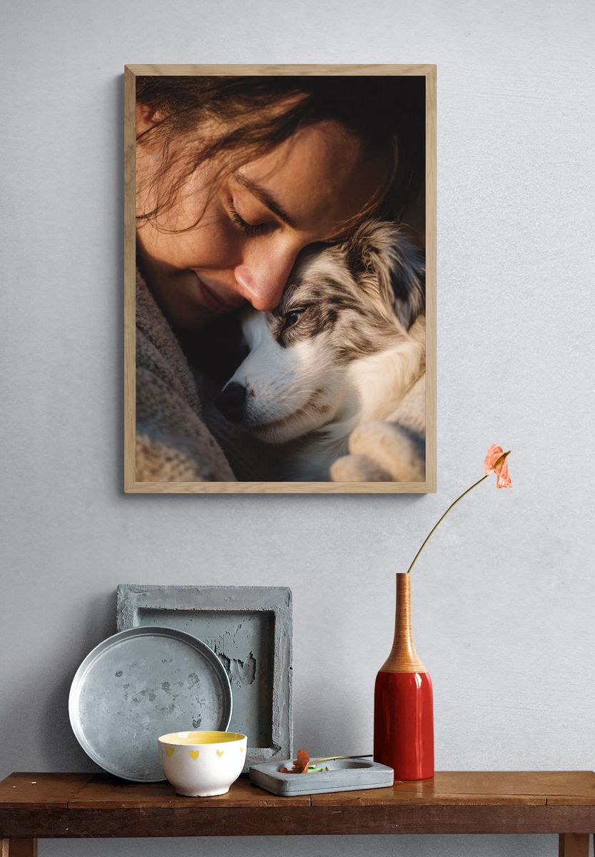 Woman Embracing Dog — Photography Print. — room view 3
