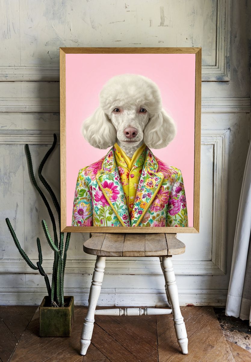 Stylish Poodle in Floral Suit Poster room preview