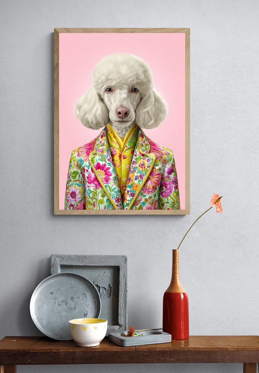 Stylish Poodle in Floral Suit Poster. — room view 3