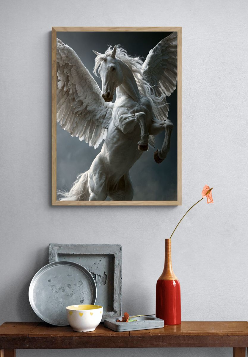 Winged White Pegasus Photography Poster. — room view 3