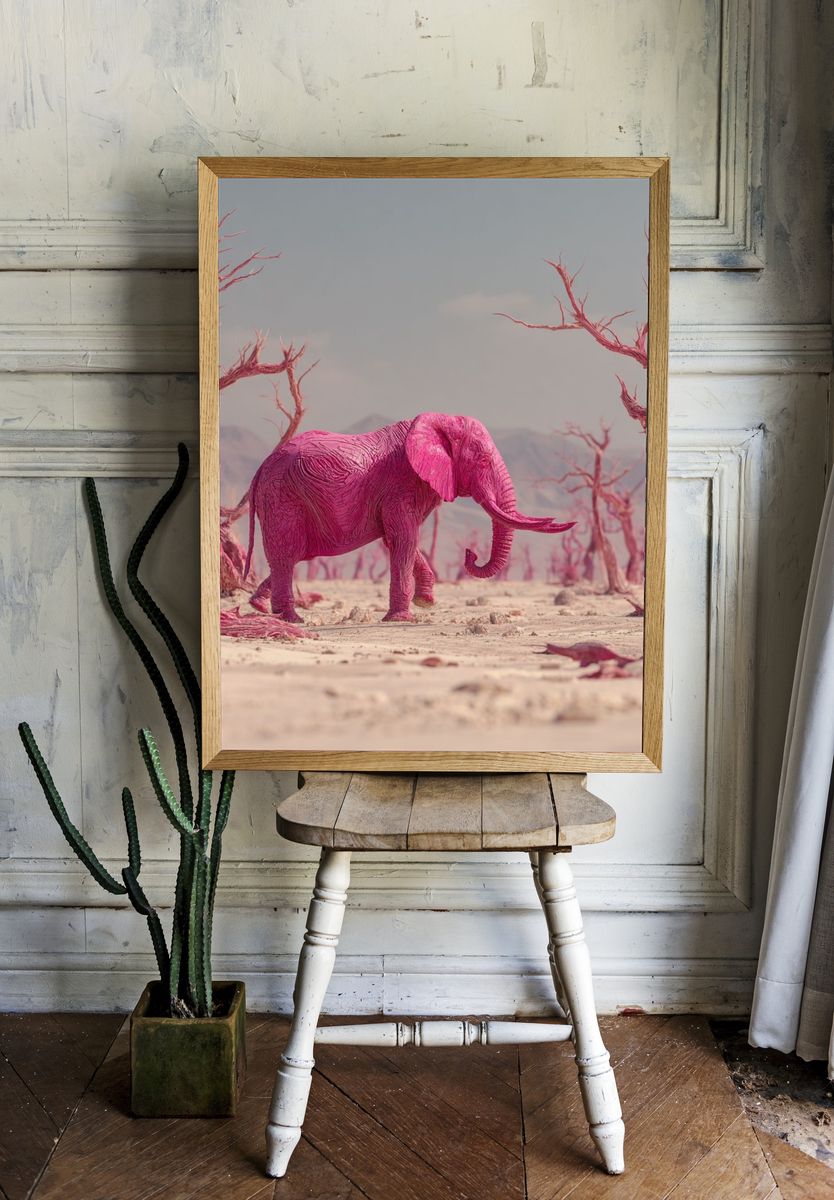 Pink Elephant in Surreal Landscape Poster room preview