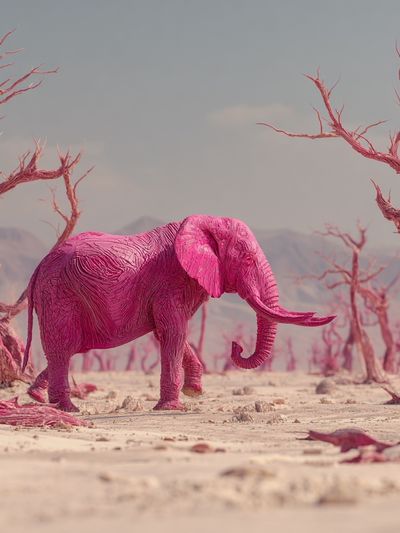 Pink Elephant in Surreal Landscape Poster. poster