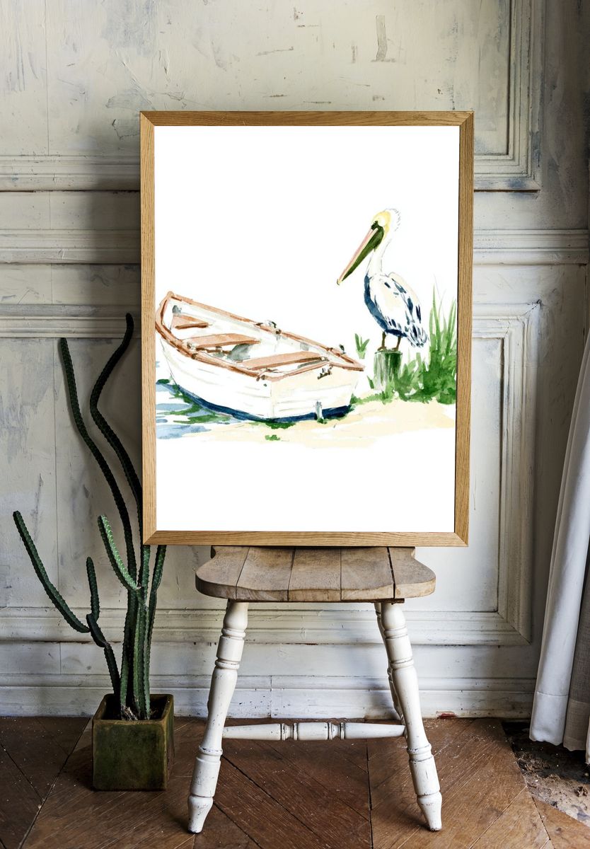 Pelican and Rowboat Watercolor Print room preview