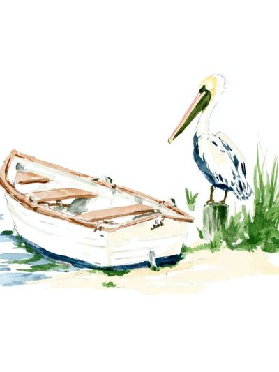 Pelican and Rowboat Watercolor Print. poster
