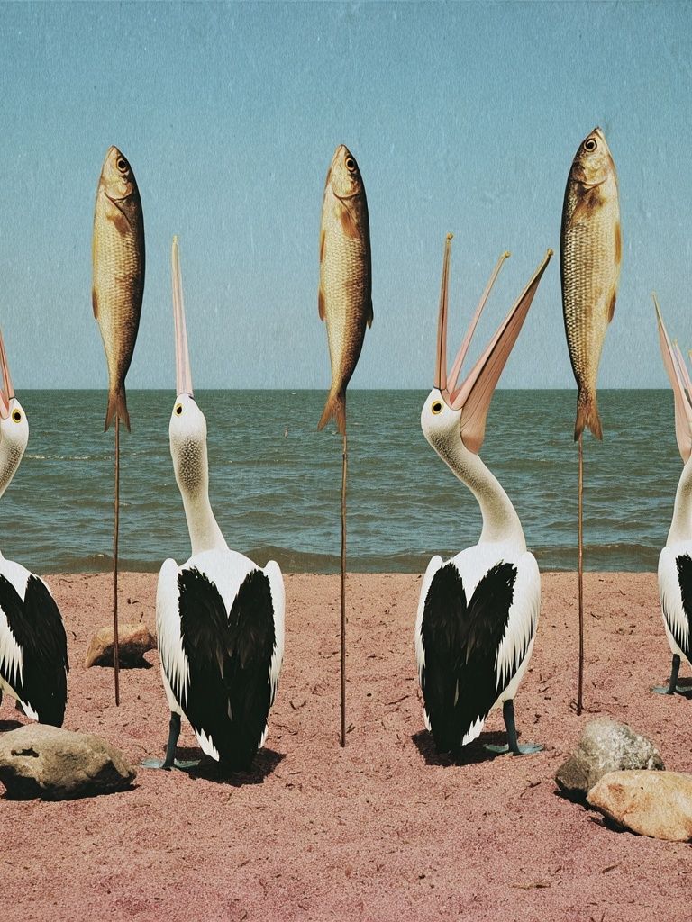 Pelicans and Fish Surrealism Print. poster detail